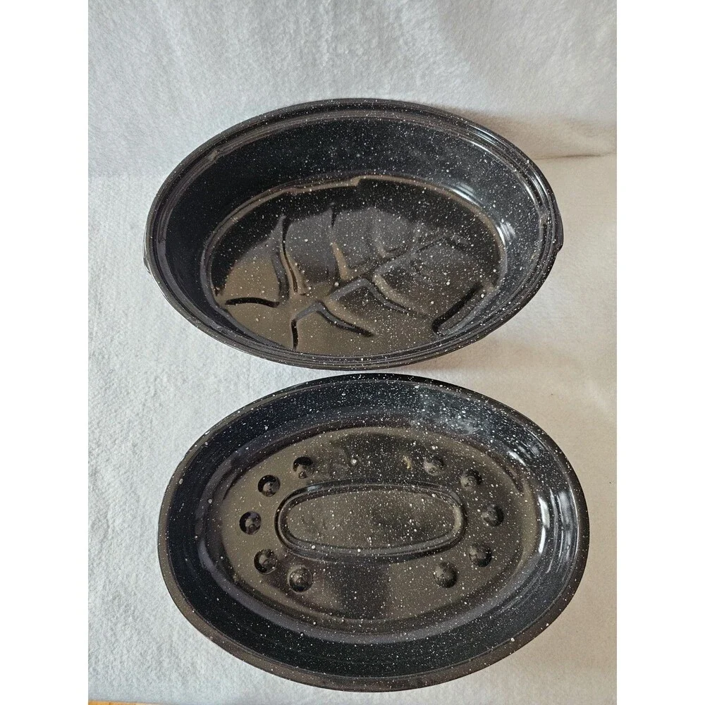 Black Speckled Enamel Roasting Pan With Lid Oval Graniteware 15 Inch